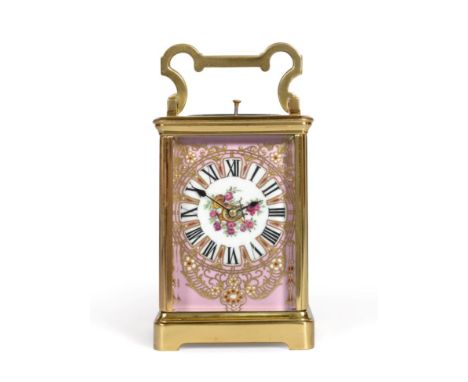 A Brass Porcelain Mounted Striking and Repeating Carriage Clock, stamped R&Co for Richard & Co, Paris, circa 1900, carrying h