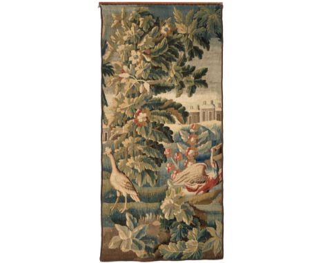 A 17th/18th Century Aubusson Tapestry Fragment Central France Woven in silk and wool.  The field depicting a rural landscape 