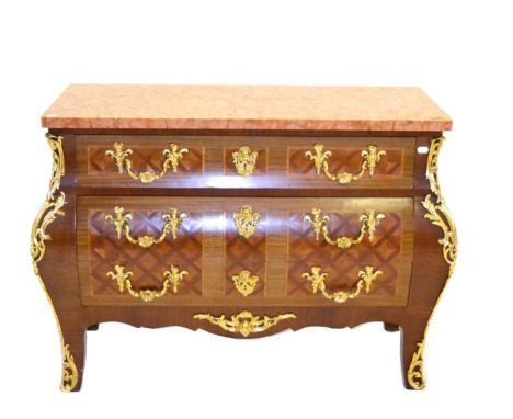 A Louis XV/Transitional Style Tulipwood, Parquetry and Bois Satiné Commode, late 19th/early 20th century, with a pink Breccia