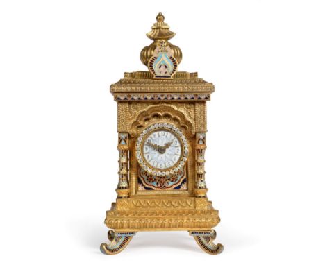 A Gilt Metal Champleve Enamel Paste Set Mantel Timepiece, circa 1900, case in a form of a shrine with champleve enamel border