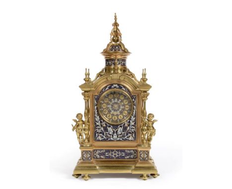 An Ormolu and Champleve Enamel Striking Mantel Clock, circa 1890, the elaborate case with a central spiral finial, turned bal