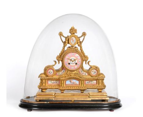 An Ormolu and Porcelain Mounted Striking Mantel Clock, circa 1880, urn finial, figural, floral and cherub decorated pink porc