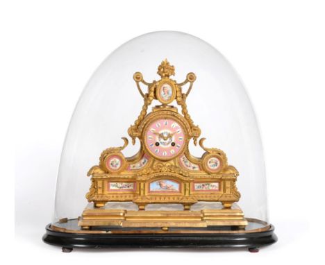 An Ormolu and Porcelain Mounted Striking Mantel Clock, circa 1880, urn finial, figural, floral and cherub decorated pink porc