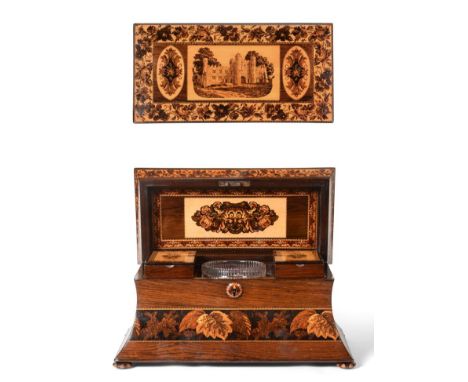 A Victorian Tunbridgeware Tea Caddy, of waisted rectangular form, the top decorated with a view of Battle Abbey Gatehouse wit