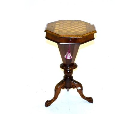 A Victorian Figured Walnut, Marquetry Inlaid and Parquetry Decorated Chess-Top Sewing Table, circa 1870, the lid of octagonal