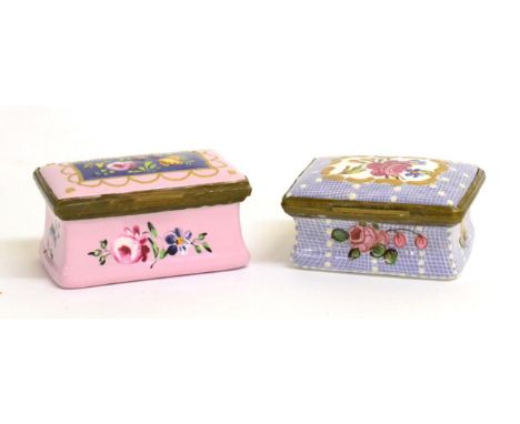 A Staffordshire Enamel Snuff Box and Hinged Cover, late 18th/early 19th century, painted with flower sprays on a lilac lattic