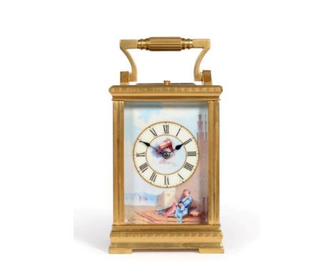A Brass Porcelain Mounted Striking and Repeating Carriage Clock, stamped R&C for Richard & Co, circa 1890, carrying handle an