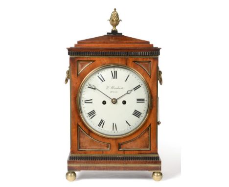 A Mahogany Striking Table Clock, signed W.Blanchard, Hull, circa 1820, pineapple finial, side carrying handles, sound frets a