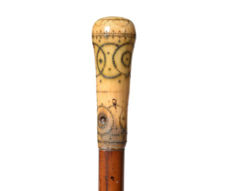 An Early 18th Century Gentleman's ''Dandy Stick'', circa 1700, the ivory mushroom knop with pique decoration of interlaced co