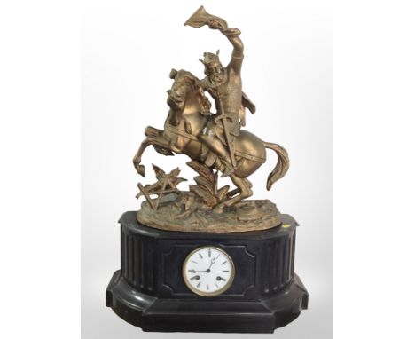A large antique black slate and gilt metal figural mantel clock depicting a king on horseback, height 73cm. CONDITION REPORT:
