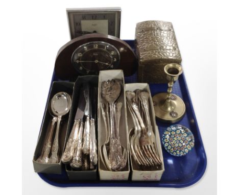 A quantity of EPNS cutlery, paperweight, brass candlestick and table box, a Metamec mantel clock and a Bentima clock.