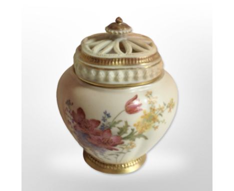 A Royal Worcester blush ivory pot pourri, shape number 1314, with lids, height 13.5cm.