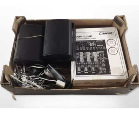 A Citronic CM4-LIVE four-channel compact mixer, together with a pair of speakers, microphone, etc. (1 box)