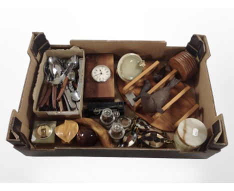 A quantity of teak-handled stainless steel cutlery, various wooden items, onyx cylindrical box and similar table lighter, sil