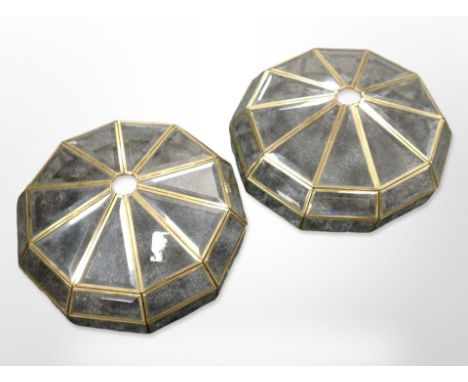 A pair of brass and bevelled glass pendant light shades, diameter 32cm.