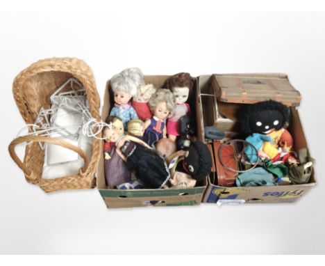 A group of vintage dolls and soft toys, tin plate model carriage, miniature suitcase, wicker push-along doll's pram, etc. (2 