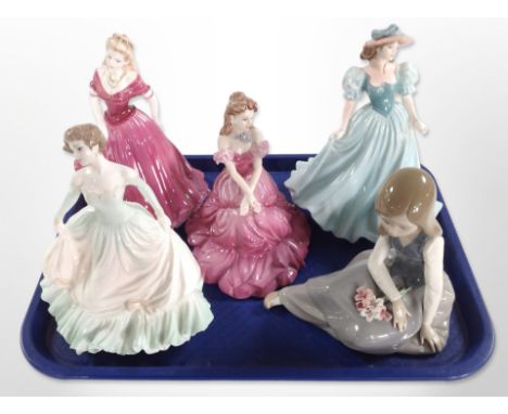 Four Coalport porcelain ladies and a Lladro figure of a seated girl holding flowers 