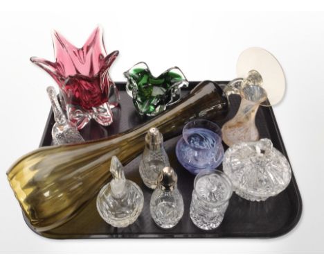 A group of studio glass vases, Caithness pair of sifters, preserve pots, etc.