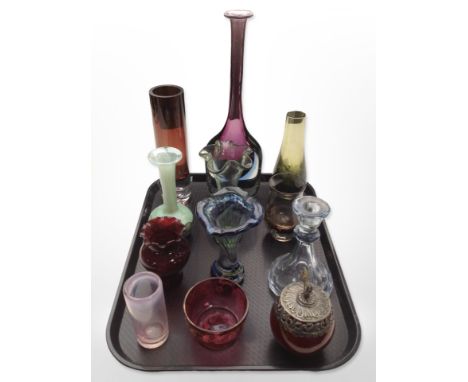 A group of studio glass vases including Caithness, other glass items, etc.