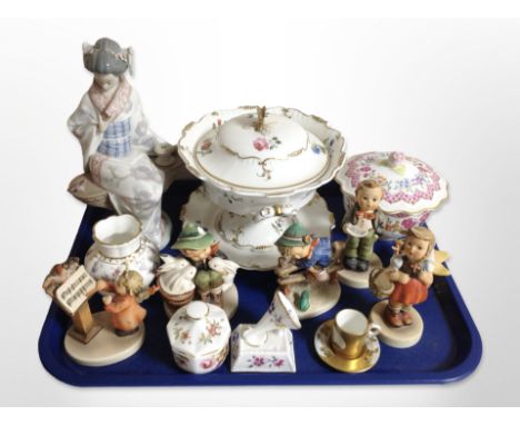 A group of Goebel figures of boys and girls, Lladró figure of a Geisha. Royal Worcester Amelia lidded bowl, other continental
