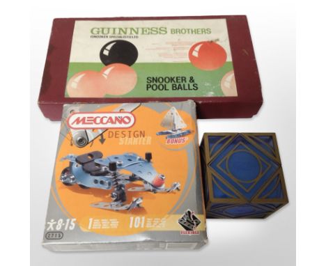 A set of Guinness brothers snooker and pool balls in box together with a Meccano model and Star Wars Holocron game cube 