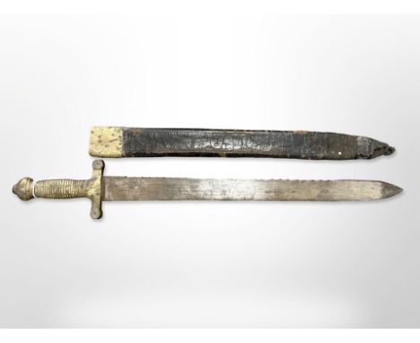 A scarce 19th Century Swiss model 1842 Pioneer sidearm, with gladius-form ribbed brass hilt and brass-mounted leather sheath,