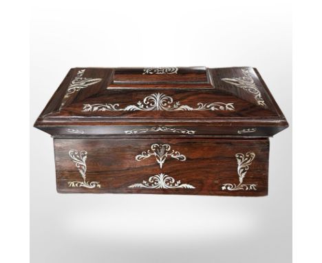 A 19th-century rosewood and mother of pearl inlaid tea caddy, width 36cm.