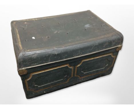 A 19th-century tin trunk, width 77cm.