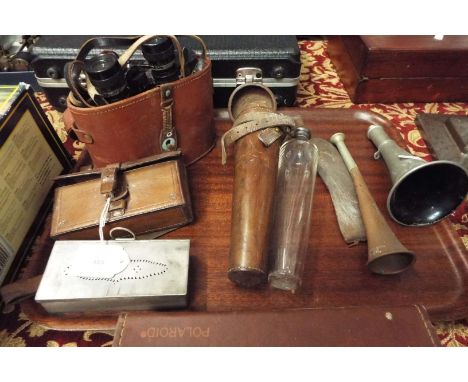 A mixed selection to include binoculars, hunting horn, leather and silver plated box, leather bound drinking flask