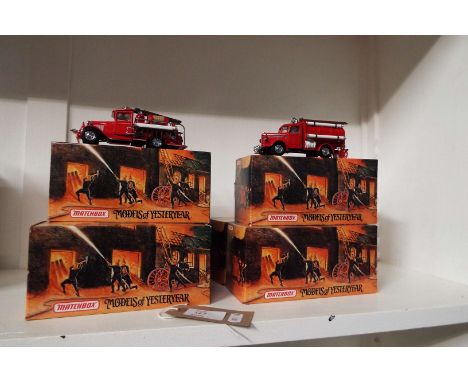 A group of six boxed Matchbox Models of Yesteryear to include 1939 Bedford Tanker YFE04, 1932 Ford AA Fire Engine YFE06, YFE0