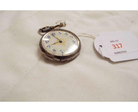 A Birmingham 1883 silver cased pocket watch having enamel dial with gilt decoration and Arabic numerals in working order