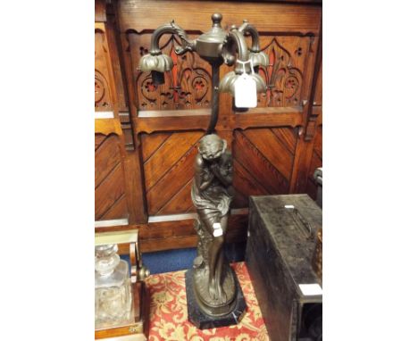 An Art Nouveau style bronzed three branch lamp the base moulded as a classical female holding a loot the base signed J.Cambos
