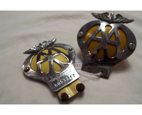 Two yellow enamel and chrome AA badges No's 7A94721 and 0U93312