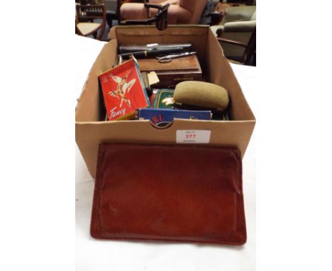 A mixed selection to include leather wallet, lighter, playing cards, wooden box etc