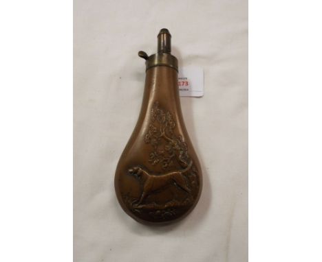 A 19thC copper and brass powder flask embossed with gun dog and trees  Spring is not working, dents to rear and surface pitti