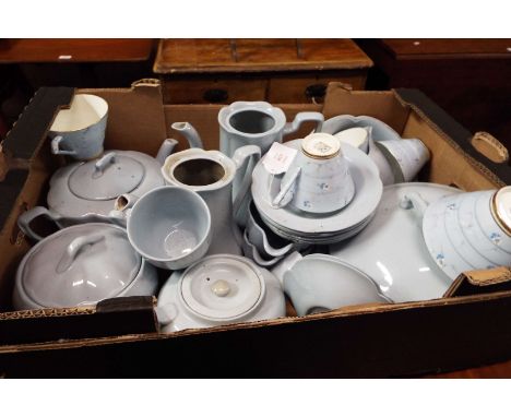 A mixed selection of Royal Paragon 'Forget Mr Not' patterned cups, Johnson Bros 'Greydawn' dinner ware and Grindley Petalware