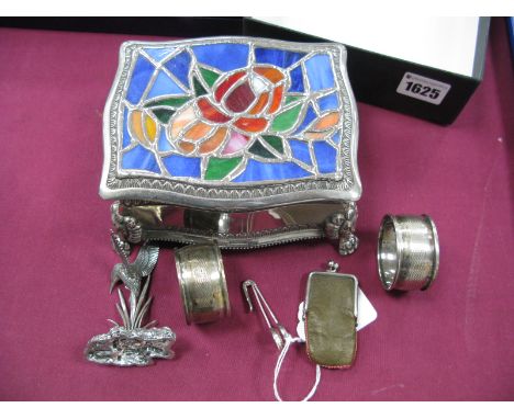Miniature Model Kingfisher, a modern napkin holder (stamped "925"), decorative stained glass style trinket box, pair of hallm