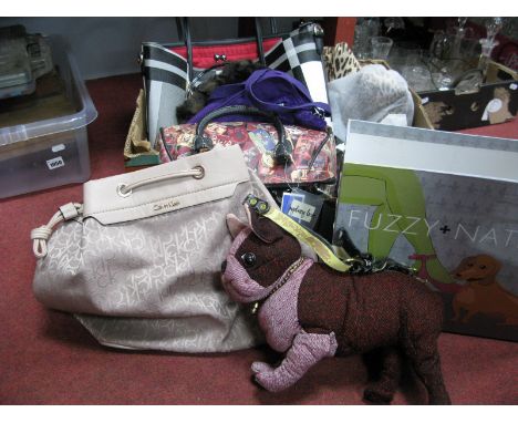 Various Modern Handbags, Sergio Todzi leopard print over the knee boots, Radley leather purse, etc:- Two Boxes