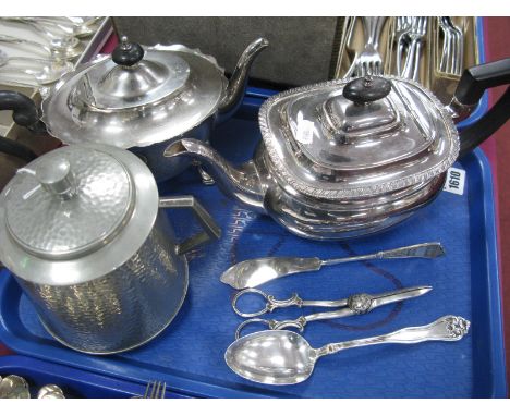 A Civic Pewter Twin Handled Caddy/Biscuit Box, America Rogers 1881 A1 spoon, grape scissors, two plated teapots etc.