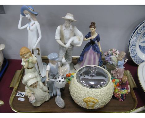 Doulton 'Flower Sellers Children', Leonardo Boy on Tricycle', SBL and other figurines, Clarice Cliff Celtic Harvest biscuit j