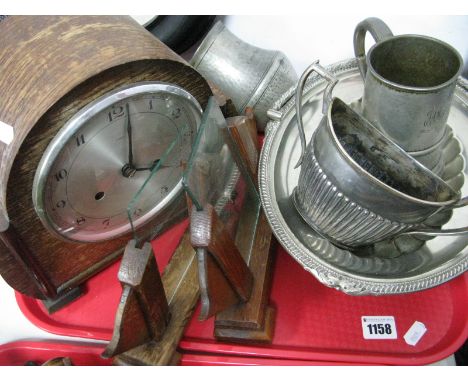 Oak Cased Mantel Clock, photo frames, Walker &amp; Hall basket, tankards:- One Tray