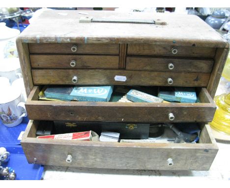 Moore &amp; Wright Micrometers, scribe, calipers and other measuring tools in seven drawer chest.
