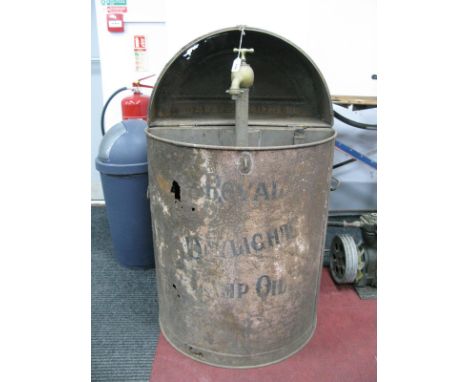 'Royal Daylight Lamp Oil', Fifty Gallons, Oil Cabinet, of cylindrical form, with lift up lid, revealing brass tap, approximat