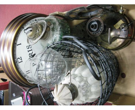 'Paris' Wall Clock, oil lamp, baskets, etc:- One Box
