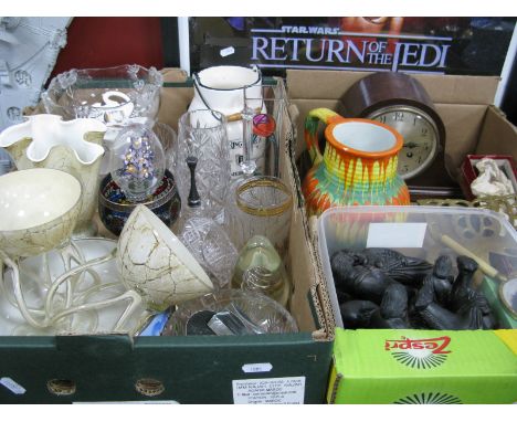 Mantel Clock, Glassware, Melody Art Deco drizzle jug, figures, hand mirror, etc:- Two Boxes
