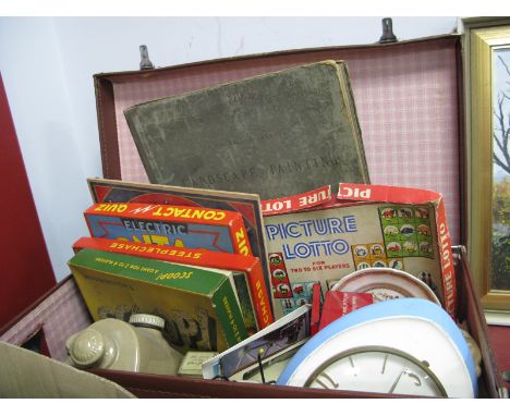 Stoneware Foot Warmers, games, 'Peter' ceramic frames, wall clock, postcards, tin, opera glasses, etc:- In Case