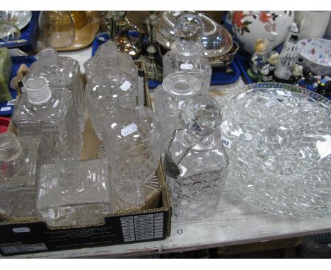 Three Cut Glass Decanters, with globular faceted stoppers, "Gin" (x2) and "Whisky" decanter labels, shallow glass dishes, ass