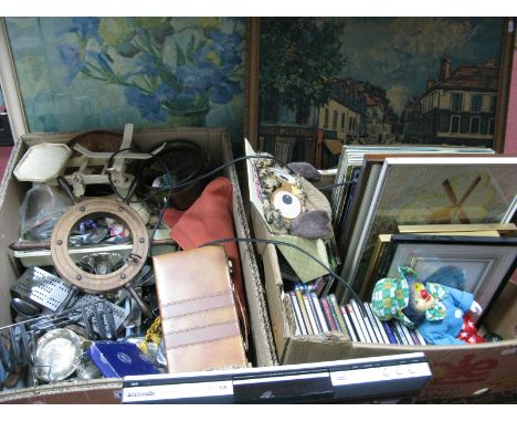 Needlework Pictures, prints, DVD player, DVD's, records, doll, three large prints, a quantity of cutlery, including stainless