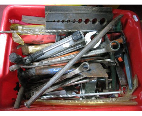 Spanners, drills, scrapers, wrenches, other tools:- One Box