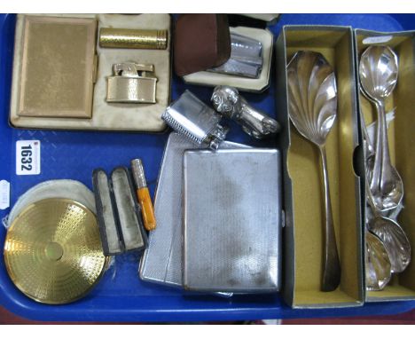 Ronson Cigarette Case/Lighter/Lipstick Holder Set, engine turned cigarette cases, powder compact, plated spoons, cheroot hold